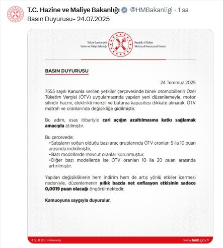 Hazine ve Maliye Bakanlığı'ndan ÖTV oranlarına ilişkin ilk açıklama