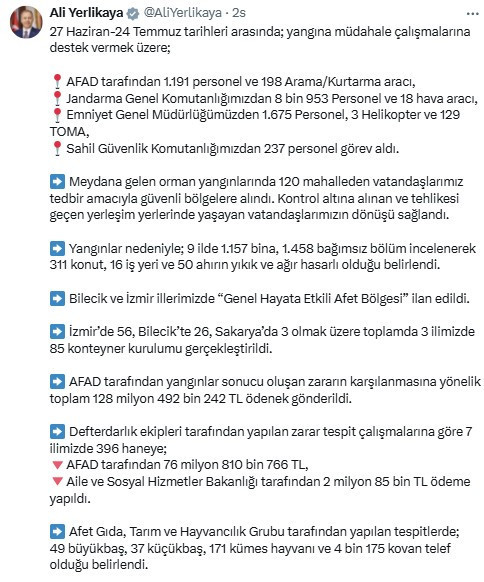 Bakan Yerlikaya, orman yangınlarına ilişkin 27 kişinin tutuklandığını açıkladı