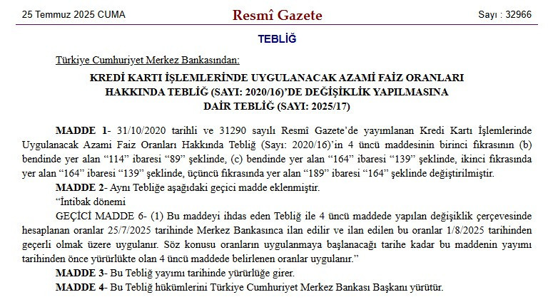 Merkez Bankası kredi kartı faiz oranlarını düşürdü