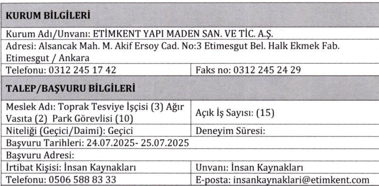 Etimesgut'ta belediye şirketine 18 işçi alınacak: KPSS şartı yok