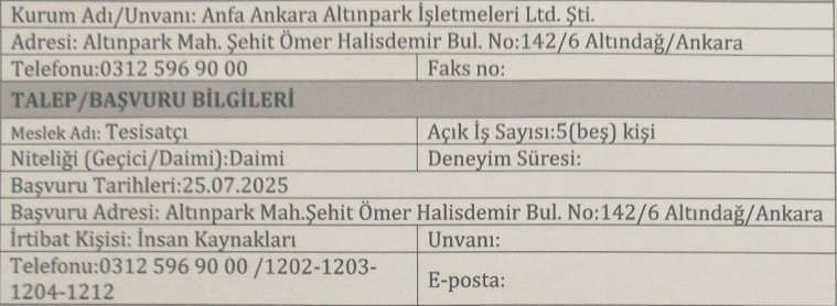 Anfa Ankara daimi işçi alımı yapacak: 20 yaş üstü başvurabilir