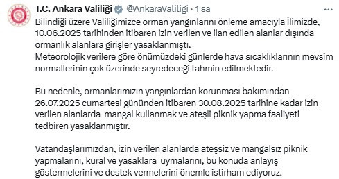 Ankara'daki tüm orman ve parklarda ateşli piknik faaliyetleri 1 ay yasaklandı!