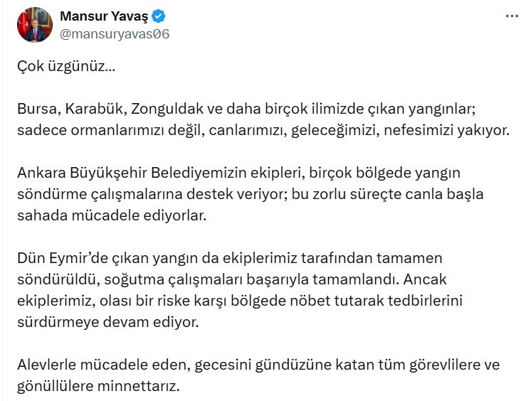 Mansur Yavaş: ABB ekipleri Eymir'de yangın nöbeti tutuyor!
