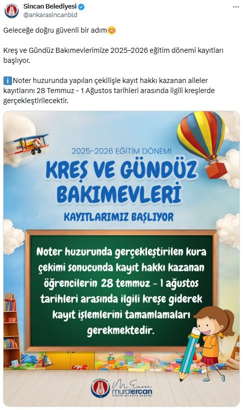 Sincan Belediyesi'nin kreş kayıtları 28 Temmuz - 1 Ağustos arasında yapılacak