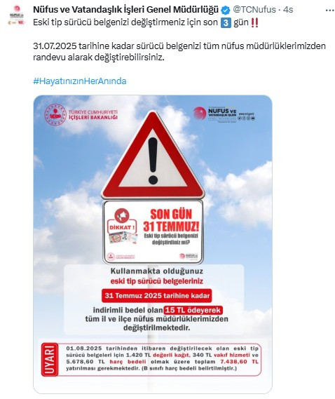Eski tip ehliyetlerin değiştirilmesi için son 3 gün!