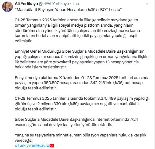 Bakan Yerlikaya'dan orman yangınlarına ilişkin yapılan paylaşımlar hakkında açıklama!