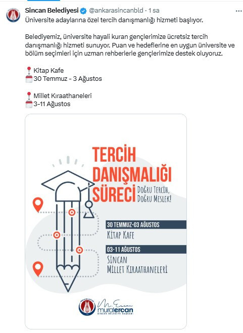 Sincan Belediyesi ücretsiz tercih danışmanlığı hizmeti verecek