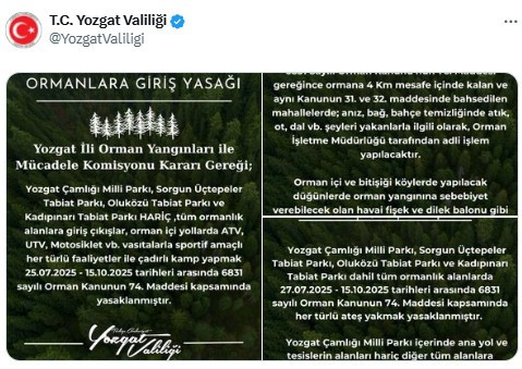 Yozgat'ta ormana girmek ve ateş yakmak 15 Ekim'e kadar yasaklandı