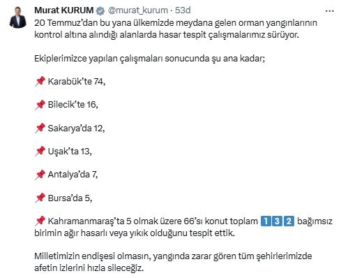Orman yangınlarında 132 bağımsız birimin hasar aldığı açıklandı