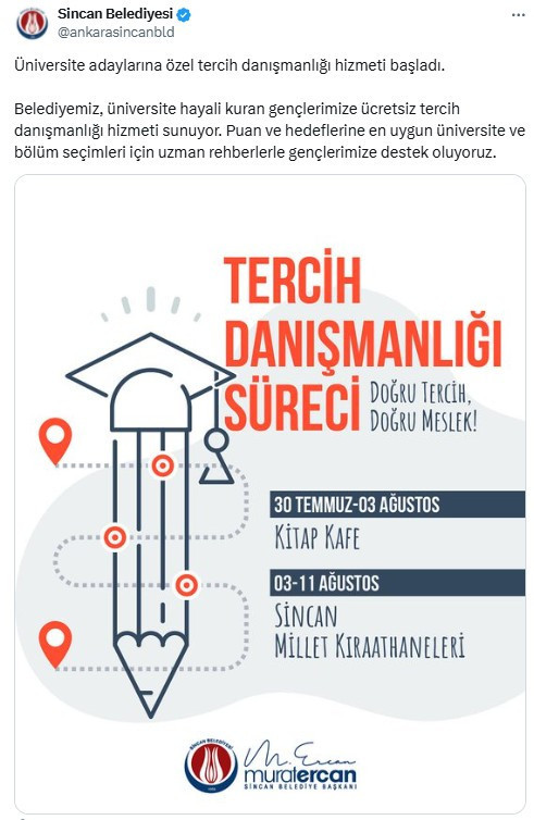 Sincan Belediyesi'nin ücretsiz tercih danışmanlığı hizmeti başladı