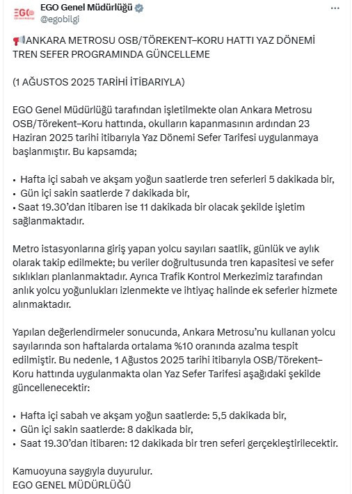 EGO, 1 Ağustos'tan itibaren OSB/Törekent-Koru hattı sefer programının güncelleneceğini açıkladı