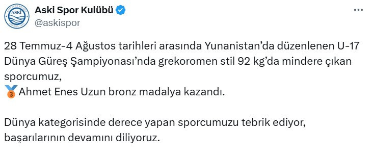 ASKİ Spor'un genç milli güreşçisinden dünya şampiyonasında bronz madalya