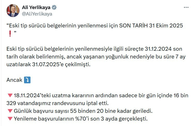 Bakan Ali Yerlikaya eski tip sürücü belgelerinin yenilenme süresinin son defa uzatıldığını açıkladı