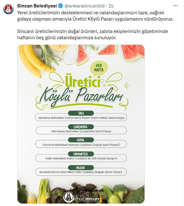 Sincan Belediyesi Üretici Köylü Pazarları haftanın 5 günü kuruluyor