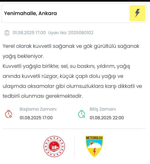 AKOM'dan Ankara'ya 17.00-22.00 saatleri arası kuvveti yağış uyarısı
