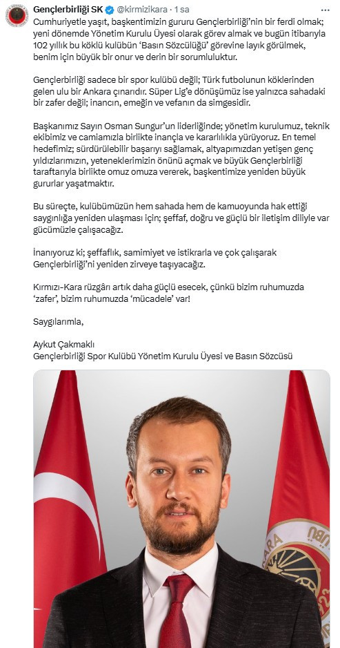Gençlerbirliği duyurdu: Aykut Çakmak, basın sözcülüğü görevine getirildi