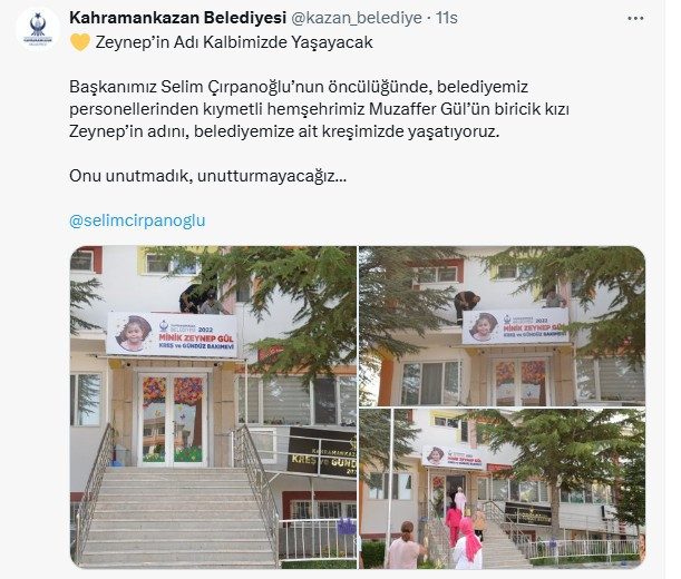 Kahramankazan Belediyesi trafik kazasında ölen küçük kızın adını eğitim gördüğü kreşte yaşatacak