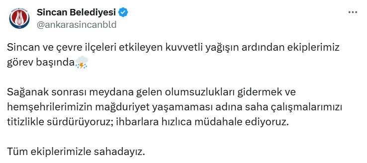 Sincan Belediyesi ekipleri kuvvetli yağış sonrası görev başındalar