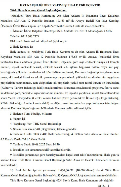 Türk Hava Kurumu Ankara'da kat karşılığı bina yaptıracak!