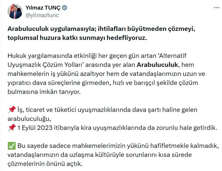 Adalet Bakanı Yılmaz Tunç: Ankara'da 39 bin kira uyuşmazlığı arabuluculukla çözüldü