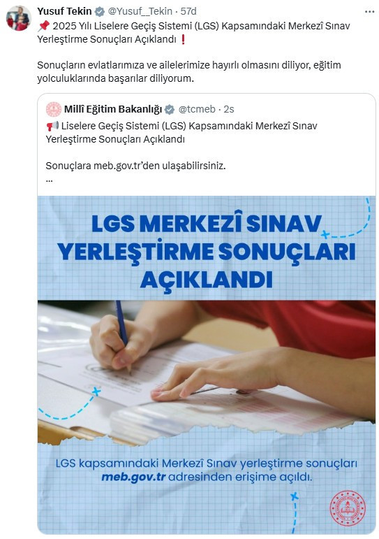 Bakan Tekin'den, LGS yerleştirme sonuçları sonrasında ilk paylaşım!