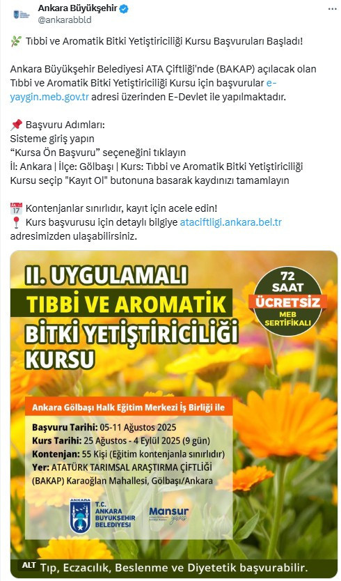 ABB, Tıbbi ve Aromatik Bitki Yetiştiriciliği kurs başvurularının başladığını duyurdu