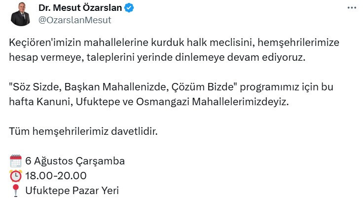 Mesut Özarslan mahalle buluşmalarıyla Keçiörenlilerle bir araya geliyor