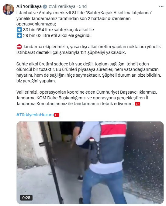Bakan Yerlikaya sahte alkol operasyonlarında 121 şüphelinin yakalandığını açıkladı