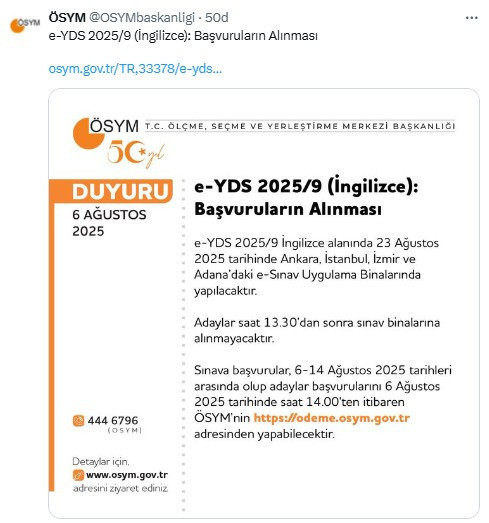 ÖSYM, e-YDS başvurularının başladığını duyurdu
