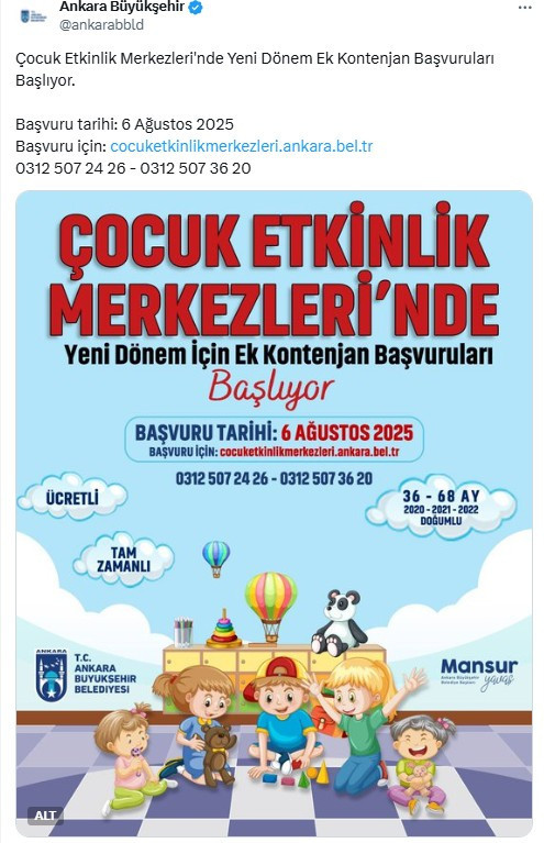 ABB Çocuk Etkinlik Merkezlerinde yeni dönem ek kontenjan başvuruları başladı