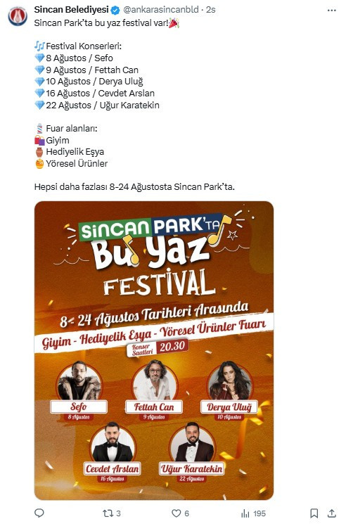 Sincan Belediyesi 8-22 Ağustos arasındaki festival konser programını açıkladı