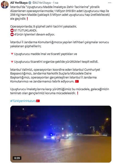 Bakan Yerlikaya duyurdu: Yasaklı madde operasyonunda 5 tutuklama!