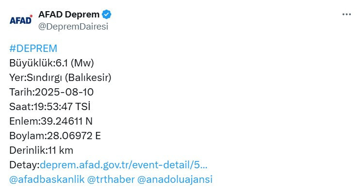 Balıkesir Sındırgı'da 6,1 büyüklüğünde deprem oldu!