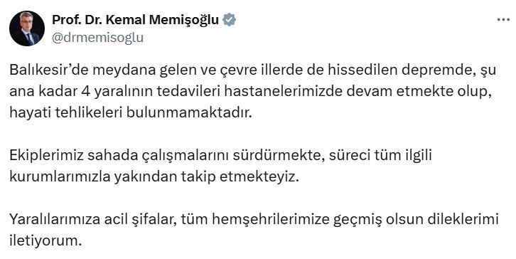 Sağlık Bakanı Memişoğlu: Depremde 4 kişi yaralandı, hayati tehlikeleri yok