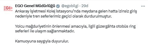EGO izinsiz giriş sebebi ile tren seferlerinin geçici olarak durdurulduğunu açıkladı!