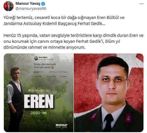 Mansur Yavaş'tan Eren Bülbül ve Başçavuş Ferhat Gedik'i anma paylaşımı!