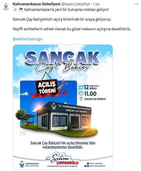 Kahramankazan Belediyesi duyurdu! Sancak Çay Bahçesi açılıyor