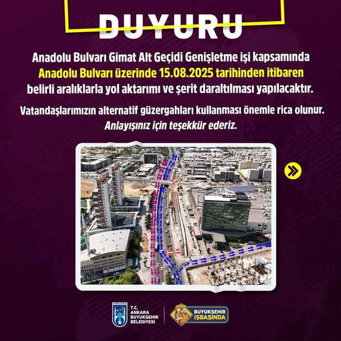 ABB duyurdu: Anadolu Bulvarı üzerinde yol aktarımı ve şerit daraltması yapılacak!