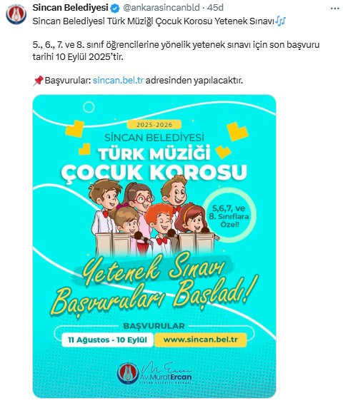 Sincan Belediyesi Türk Müziği Çocuk Korosu Yetenek Sınavı başvuruları başladı!