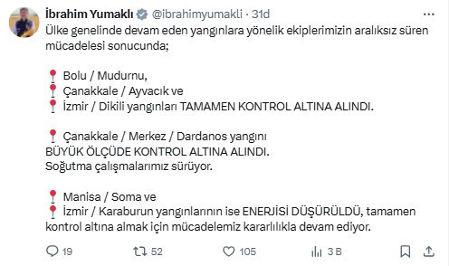 Bakan Yumaklı'dan orman yangınlarına ilişkin son açıklama!
