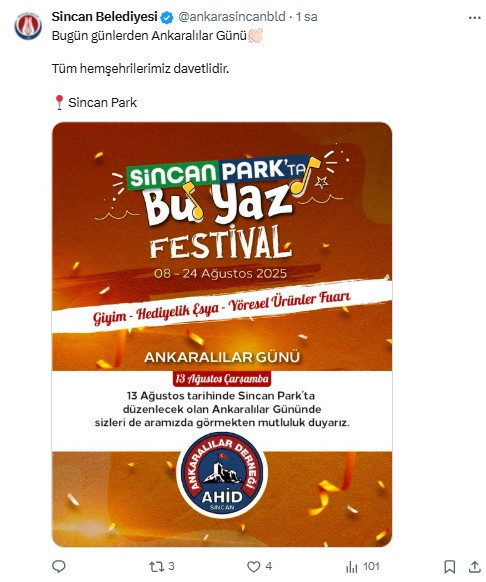 Sincan Park'ta Ankaralılar Günü düzenlenecek!