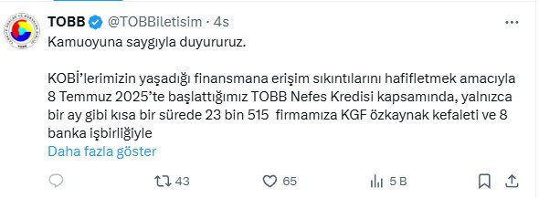 TOBB, KOBİ'lere verilen nefes kredisi için limit artışı talep etti