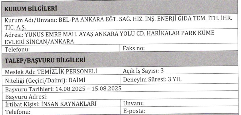 BEL-PA Ankara en az lise mezunu büro işçisi ve temizlik personeli alımı yapacak!