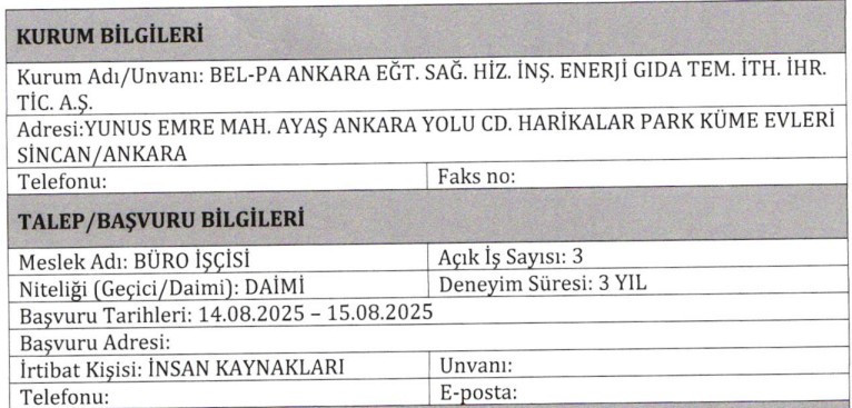 BEL-PA Ankara en az lise mezunu büro işçisi ve temizlik personeli alımı yapacak! - Resim : 2