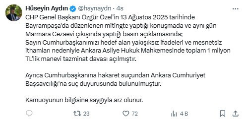 Cumhurbaşkanı Erdoğan'dan Özgür Özel'e 1 milyon TL'lik manevi tazminat davası!