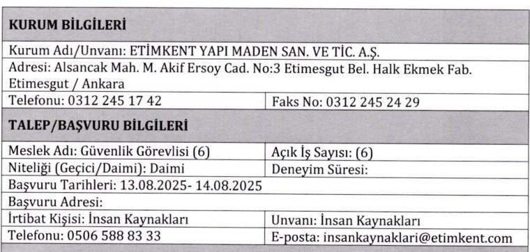 Etimesgut Belediyesi ETİMKENT 6 güvenlik görevlisi alacak
