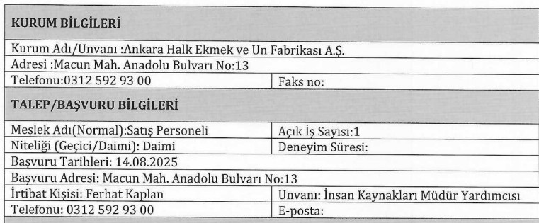 Ankara Halk Ekmek ve Un Fabrikası satış personeli alıyor