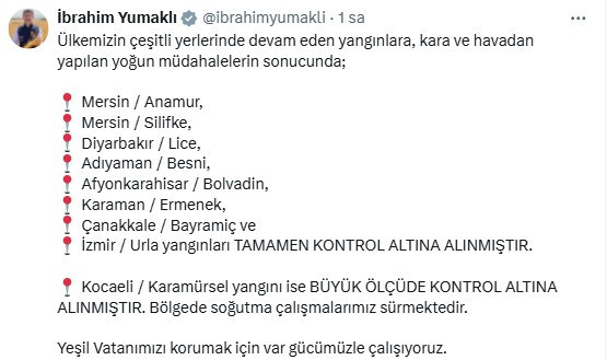 Bakan Yumaklı 7 ildeki orman yangınlarının tamamen kontrol altına alındığını açıkladı