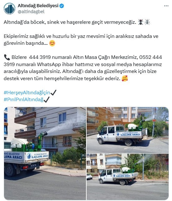Altındağ Belediyesi böcek, sinek ve haşerelere karşı ilaçlama çalışması yapıyor