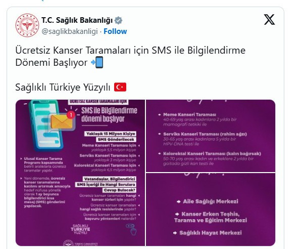 Sağlık Bakanlığı, ücretsiz kanser taramaları için SMS ile bilgilendirme yapacak
